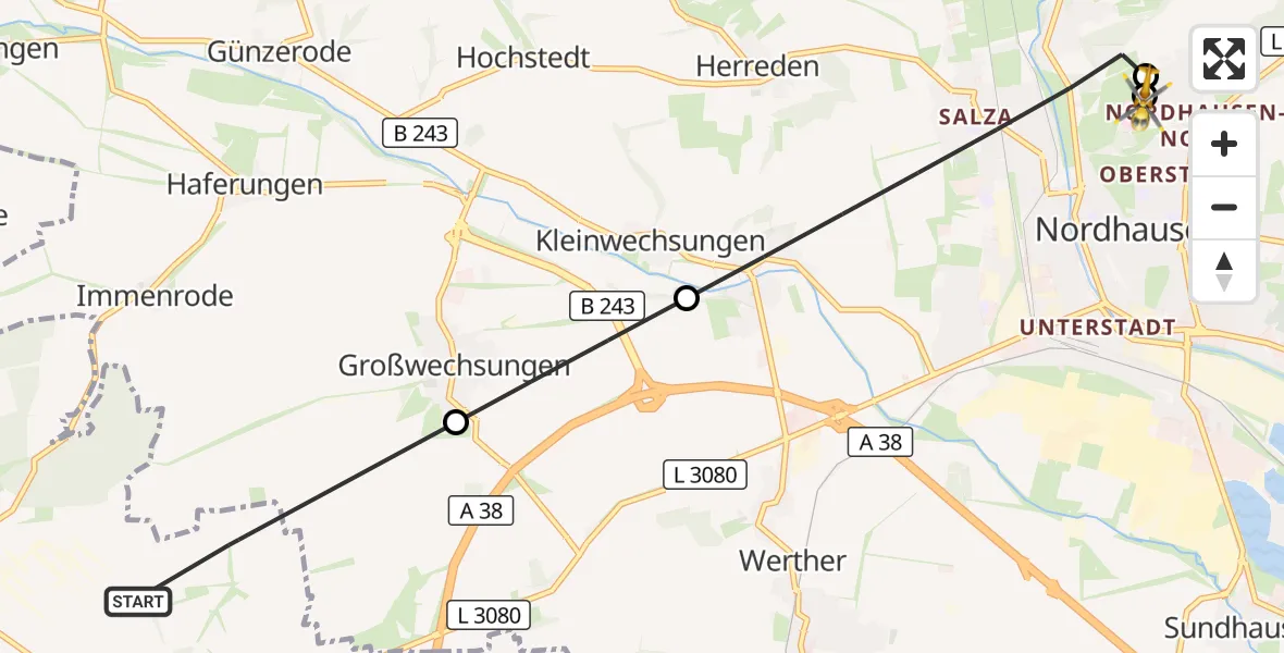 Flugroute Rettungshubschrauber Bleicherode - Südharz Hospital Nordhausen, 30 August 2026, 18:13