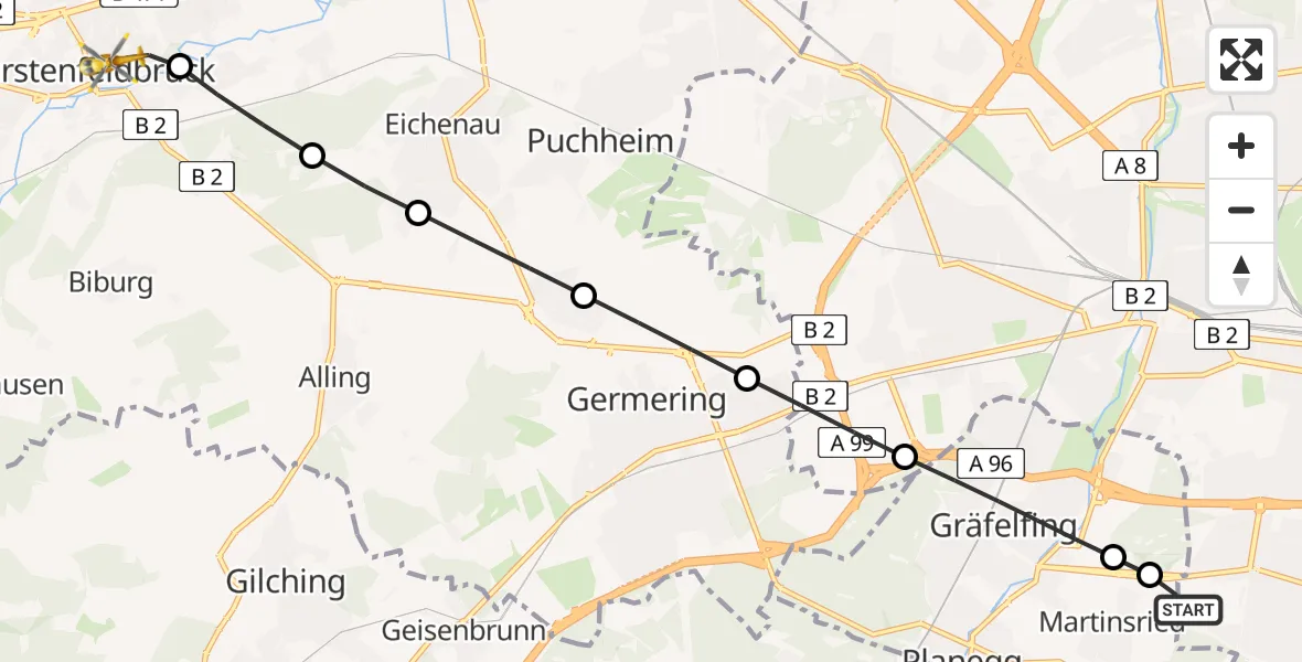 Flugroute Rettungshubschrauber DRF Air Rescue München Hubschrauberlandeplatz - Fürstenfeldbruck, 30 August 2026, 18:14