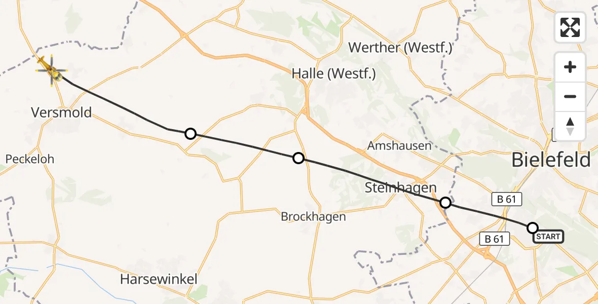 Flugroute Rettungshubschrauber Luftrettungszentrum Bielefeld - Versmold, 30 August 2026, 18:16