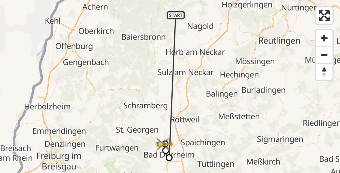Flugroute Ambulanzhubschrauber Altensteig - DRF Air Rescue Station Villingen-Schwenningen Hubschrauberlandeplatz (Christoph 11), 30 August 2026, 18:32