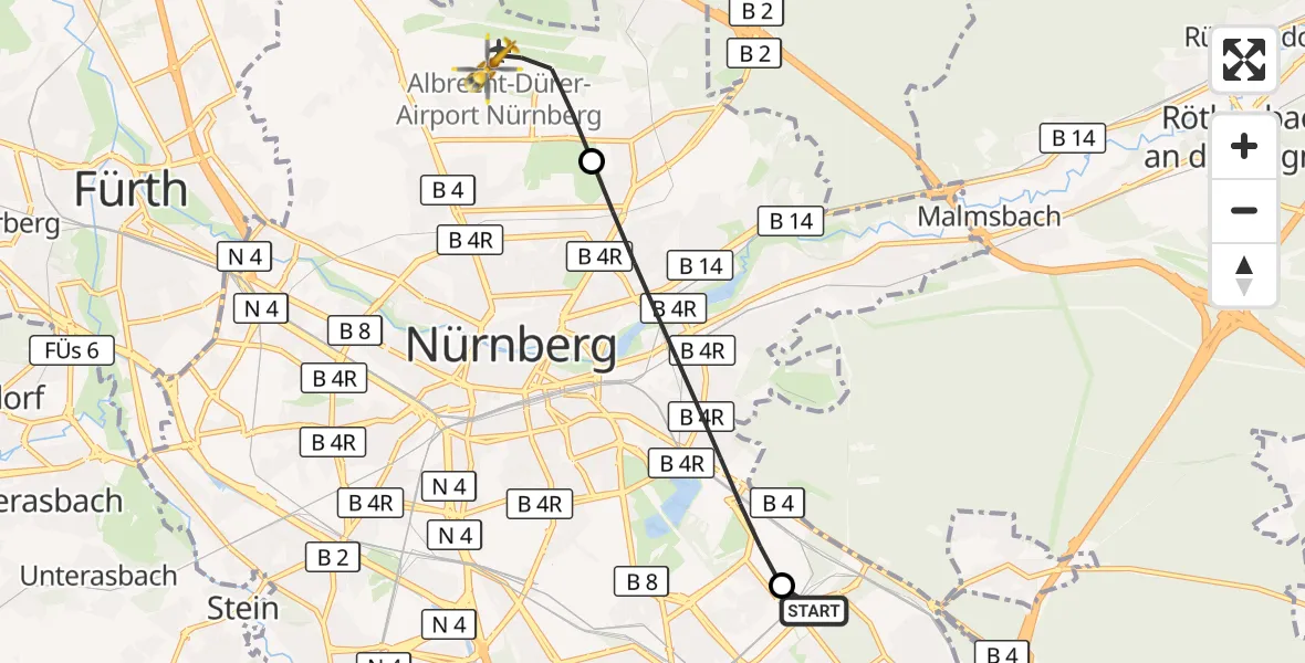 Flugroute Ambulanzhubschrauber Nürnberg South Hospital - Flughafen Nuremberg, 30 August 2026, 18:33
