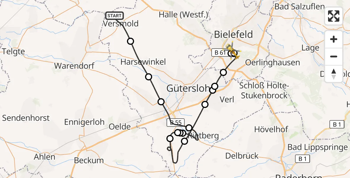 Flugroute Rettungshubschrauber Versmold - Luftrettungszentrum Bielefeld, 30 August 2026, 18:36