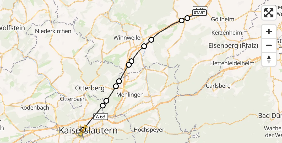 Flugroute Rettungshubschrauber Dreisen - Westpfalz Hospital Kaiserslautern, 30 August 2026, 18:39