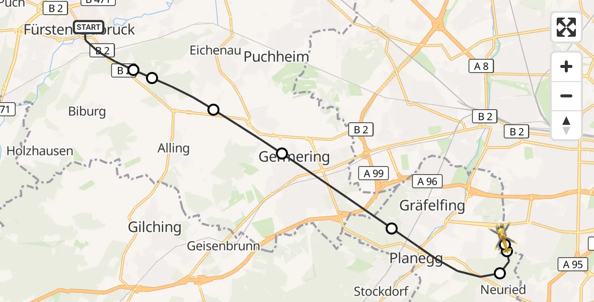 Flugroute Rettungshubschrauber Fürstenfeldbruck - DRF Air Rescue München Hubschrauberlandeplatz, 30 August 2026, 18:43