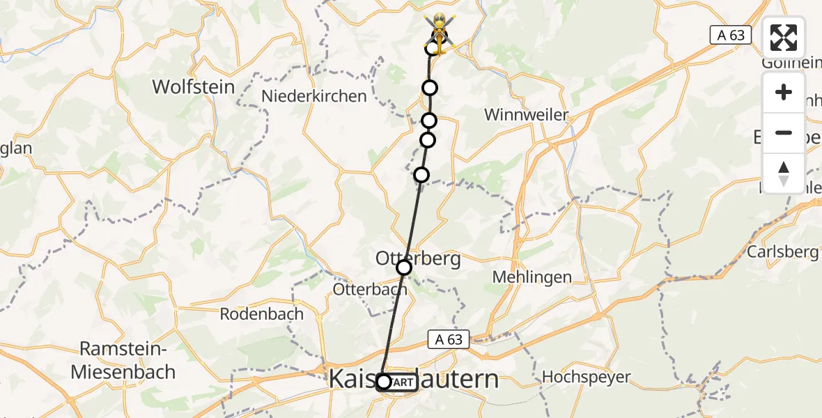 Flugroute Rettungshubschrauber Westpfalz Hospital Kaiserslautern - Rockenhausen, 30 August 2026, 19:21