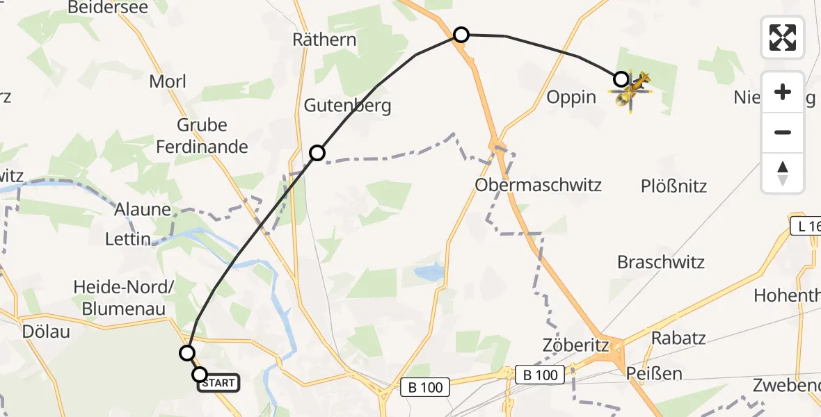 Flugroute Rettungshubschrauber Halle (Saale) University Hospital - Halle-Oppin Flugplatz, 30 August 2026, 19:23