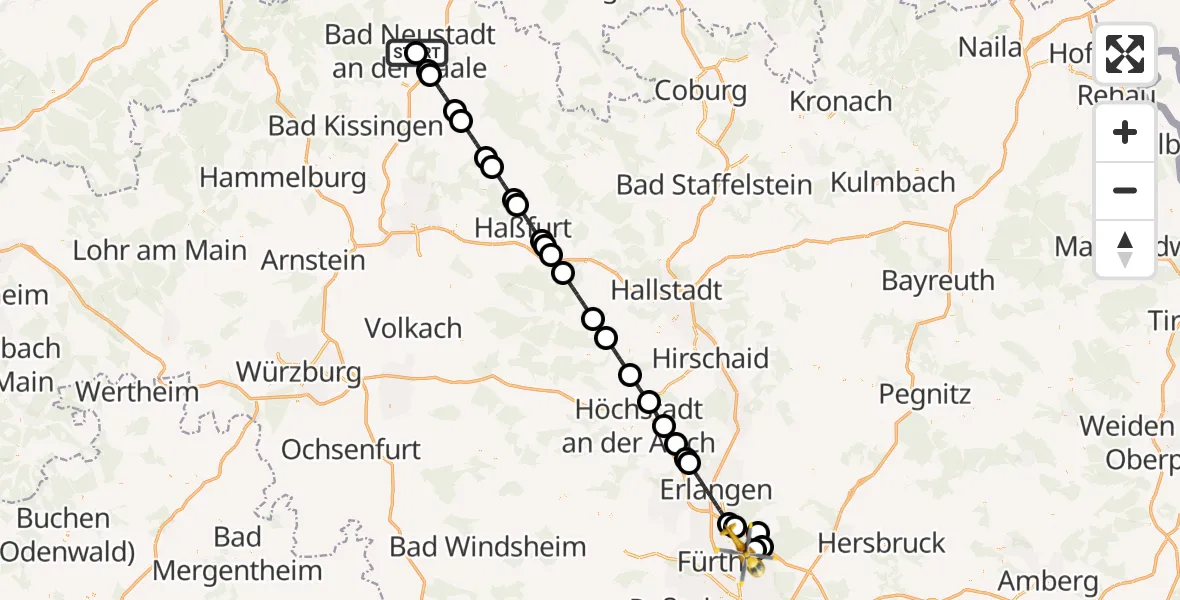 Flugroute Rettungshubschrauber Bad Neustadt an der Saale Hospital - Flughafen Nuremberg, 30 August 2026, 19:32
