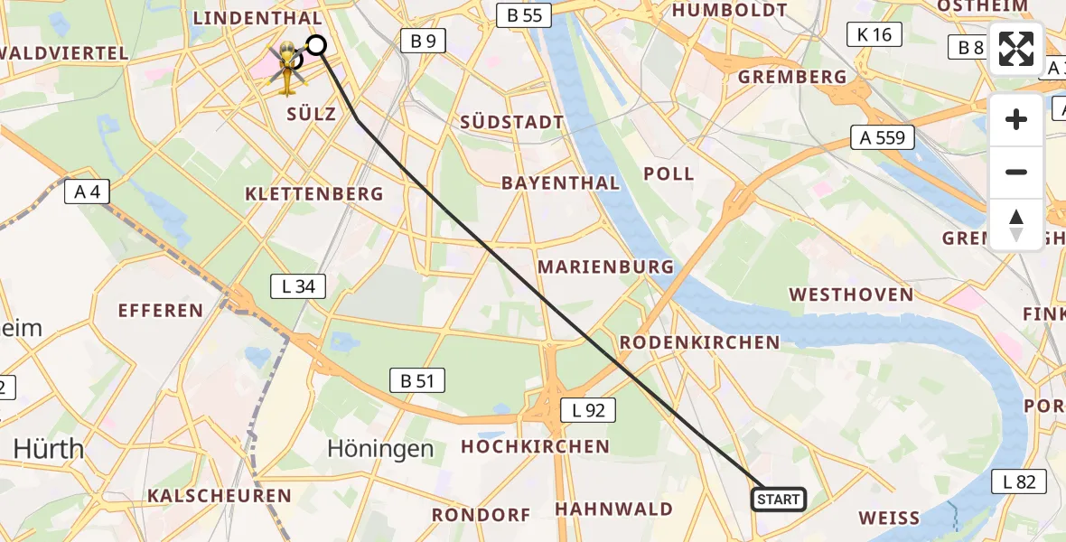 Flugroute Ambulanzhubschrauber Köln - Köln University Hospital, 30 August 2026, 19:34