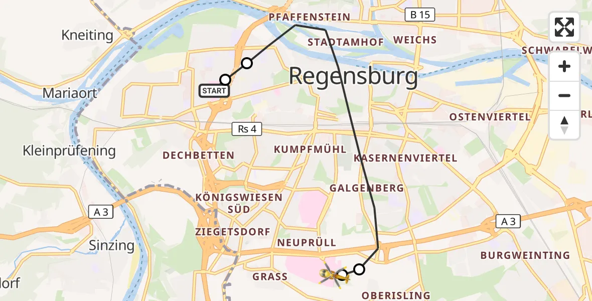 Flugroute Rettungshubschrauber Barmherzige Brüder (Brothers of Mercy) Hospital Regensburg - DRF Air Rescue Station Regensburg / Regensburg University Hospital, 30 August 2026, 20:15