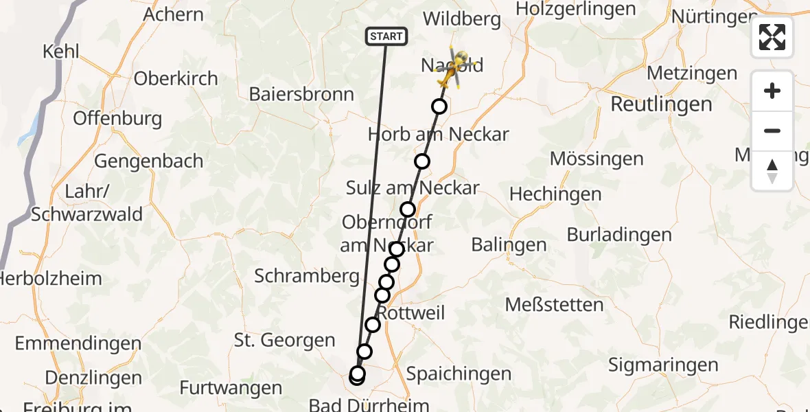 Flugroute Ambulanzhubschrauber Altensteig - Nagold, 30 August 2026, 21:10