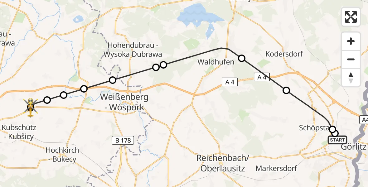 Flugroute Rettungshubschrauber Görlitz Hospital - Bautzen Flugplatz, 30 August 2026, 21:13