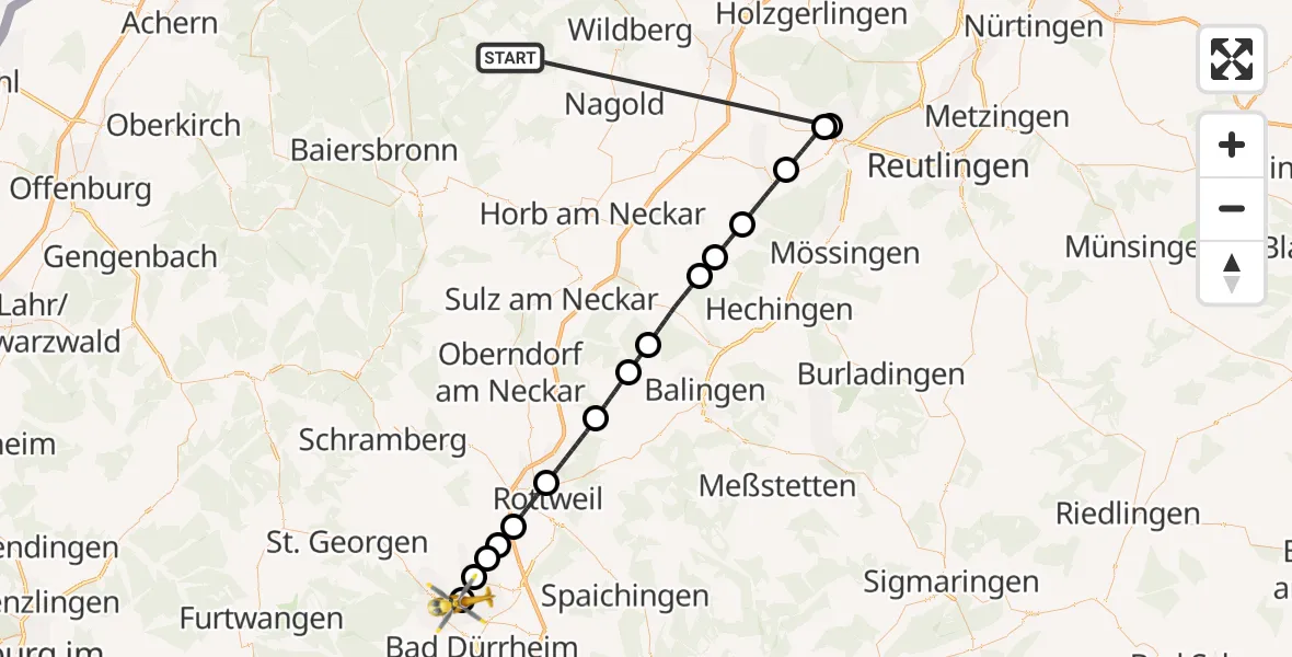Flugroute Ambulanzhubschrauber Altensteig - DRF Air Rescue Station Villingen-Schwenningen Hubschrauberlandeplatz (Christoph 11), 30 August 2026, 22:34