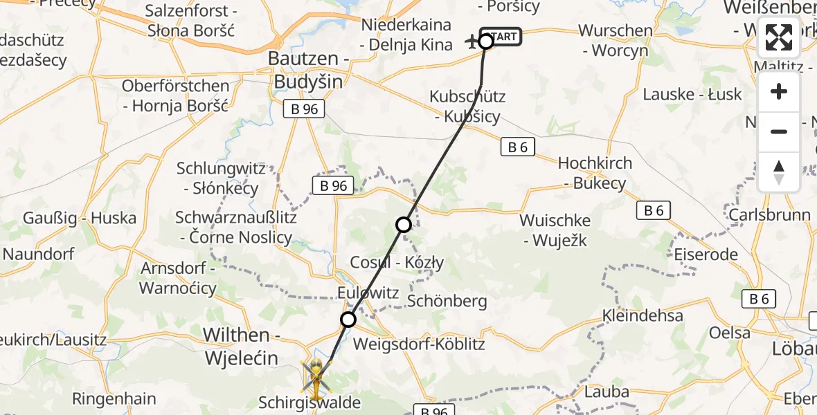 Flugroute Rettungshubschrauber Bautzen Flugplatz - Schirgiswalde-Kirschau, 30 August 2026, 22:36