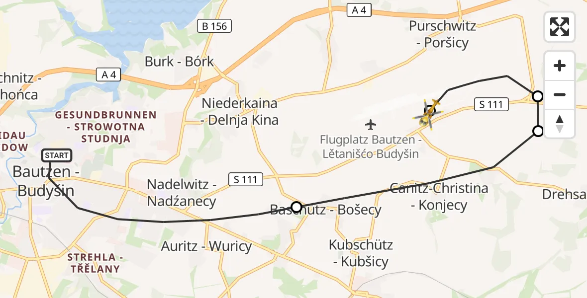 Flugroute Rettungshubschrauber Bautzen - Bautzen Flugplatz, 30 August 2026, 23:35