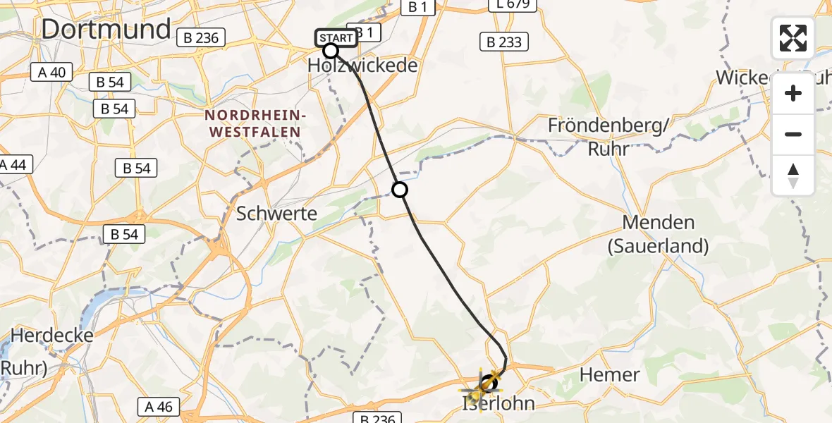 Flugroute Rettungshubschrauber Dortmund Flughafen - Sankt Elisabeth Hospital Iserlohn, 31 August 2026, 00:02