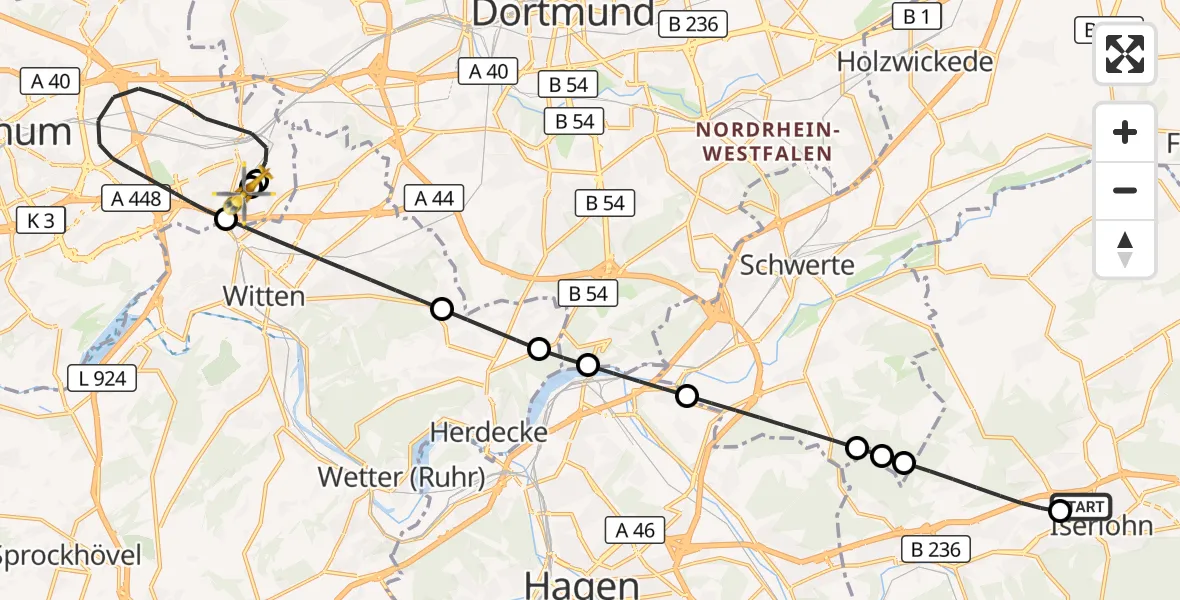 Flugroute Rettungshubschrauber Sankt Elisabeth Hospital Iserlohn - Bochum University Miners' Hospital, 31 August 2026, 01:00
