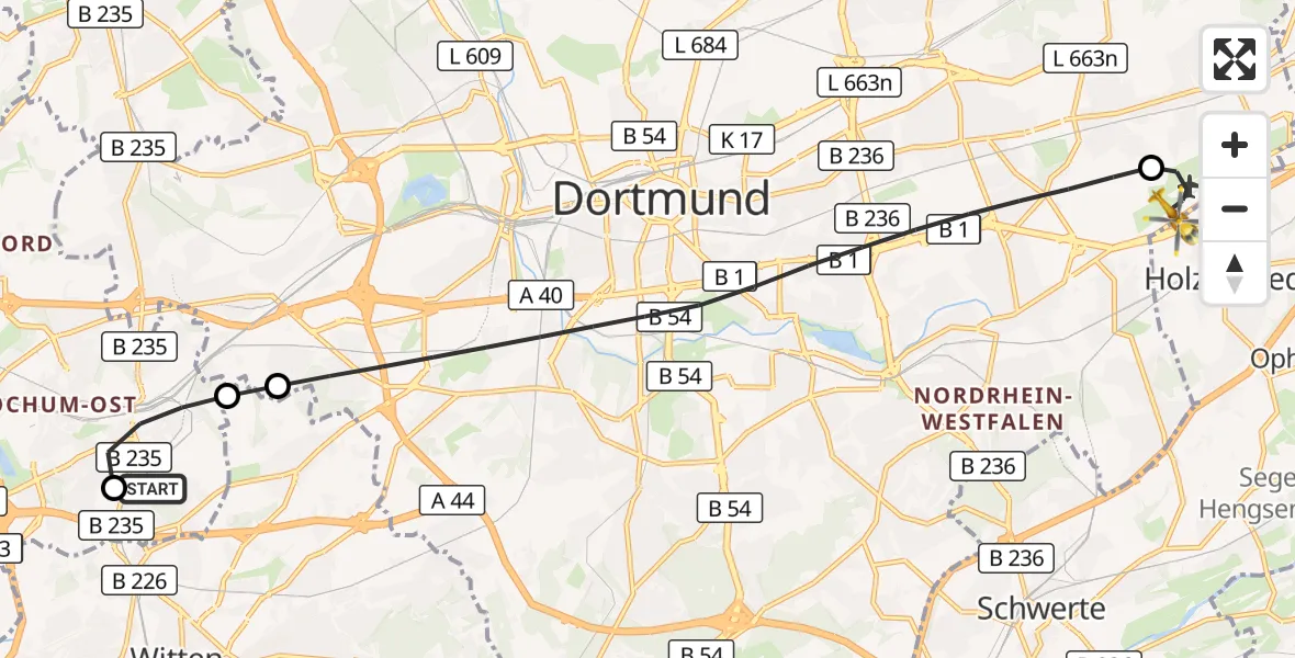 Flugroute Rettungshubschrauber Bochum University Miners' Hospital - Dortmund Flughafen, 31 August 2026, 01:57