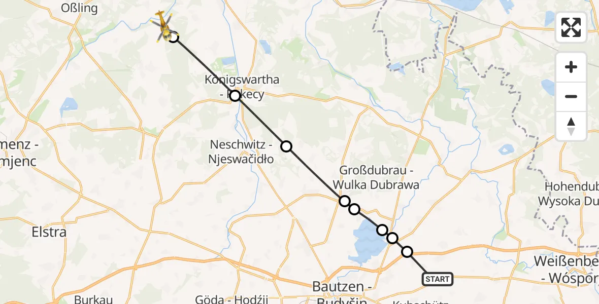 Flugroute Rettungshubschrauber Bautzen Flugplatz - Wittichenau, 31 August 2026, 04:35