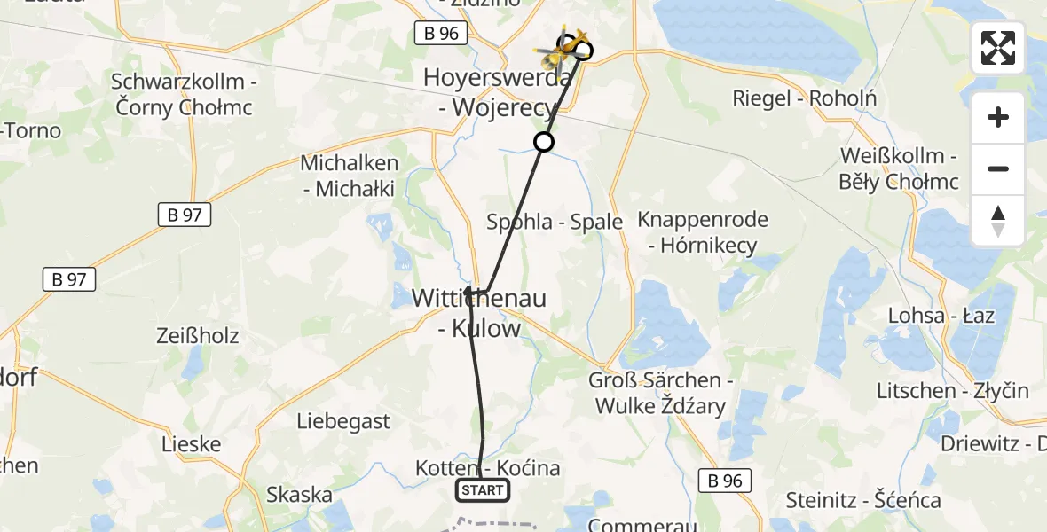 Flugroute Rettungshubschrauber Wittichenau - Lausitzer Seenland Hospital, 31 August 2026, 05:24