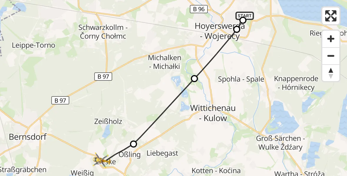 Flugroute Rettungshubschrauber Lausitzer Seenland Hospital - Oßling, 31 August 2026, 05:43