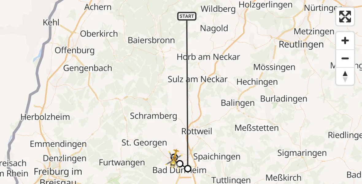 Flugroute Ambulanzhubschrauber Altensteig - DRF Air Rescue Station Villingen-Schwenningen Hubschrauberlandeplatz (Christoph 11), 31 August 2026, 05:45