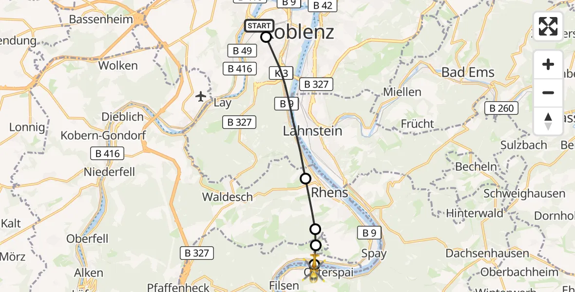 Flugroute Rettungshubschrauber Kemperhof Koblenz Klinikum Hubschrauberlandeplatz - Osterspai, 31 August 2026, 05:52