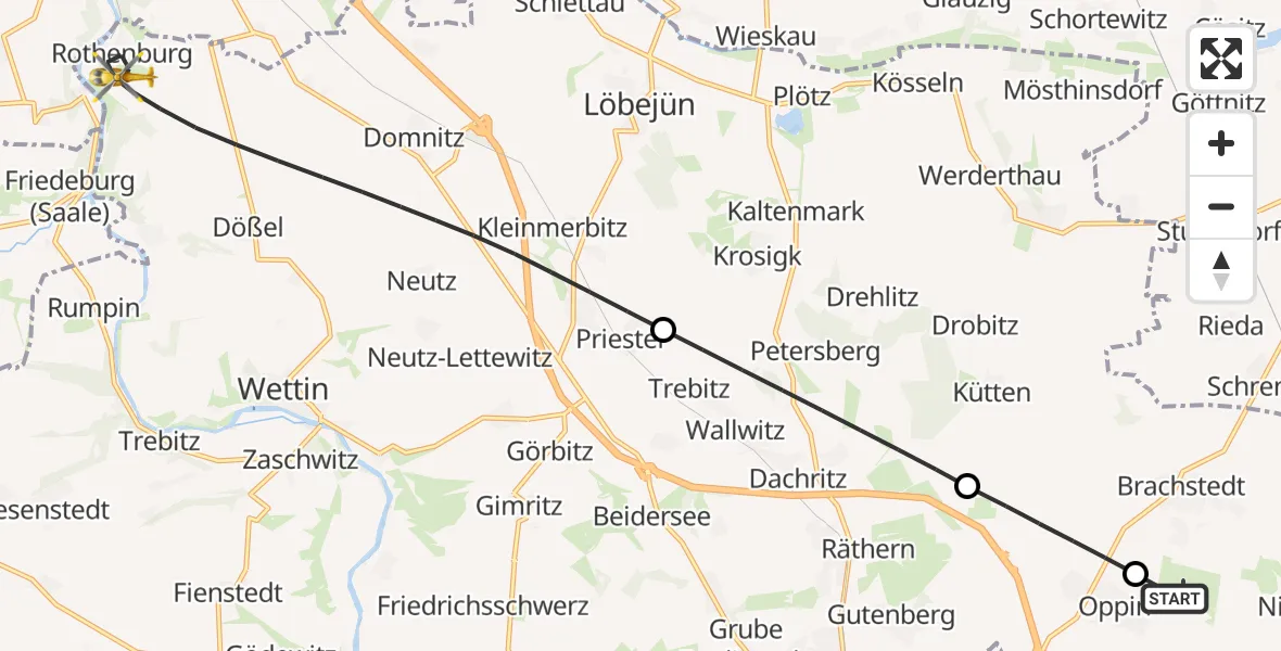 Flugroute Rettungshubschrauber Halle-Oppin Flugplatz - Wettin-Löbejün, 31 August 2026, 06:01