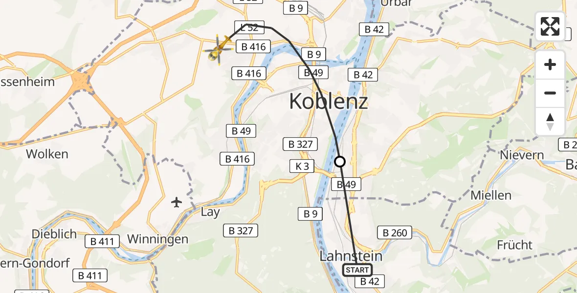 Flugroute Rettungshubschrauber Lahnstein - Koblenz, 31 August 2026, 06:30