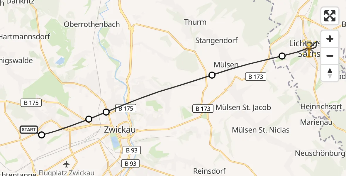 Flugroute Rettungshubschrauber ADAC Air Rescue Station Zwickau Hubschrauberlandeplatz - Lichtenstein/Sa., 31 August 2026, 06:55