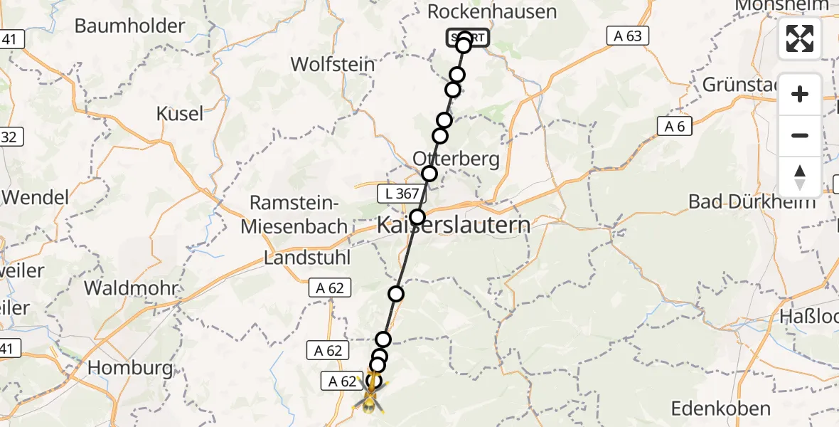Flugroute Rettungshubschrauber Rockenhausen - Hermersberg, 31 August 2026, 06:54
