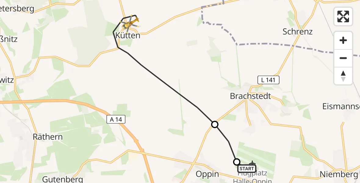 Flugroute Rettungshubschrauber Halle-Oppin Flugplatz - Petersberg, 31 August 2026, 07:04