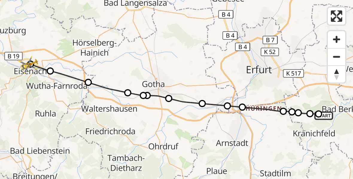Flugroute Ambulanzhubschrauber Bad Berka - Sankt Georg Hospital Eisenach, 31 August 2026, 07:07
