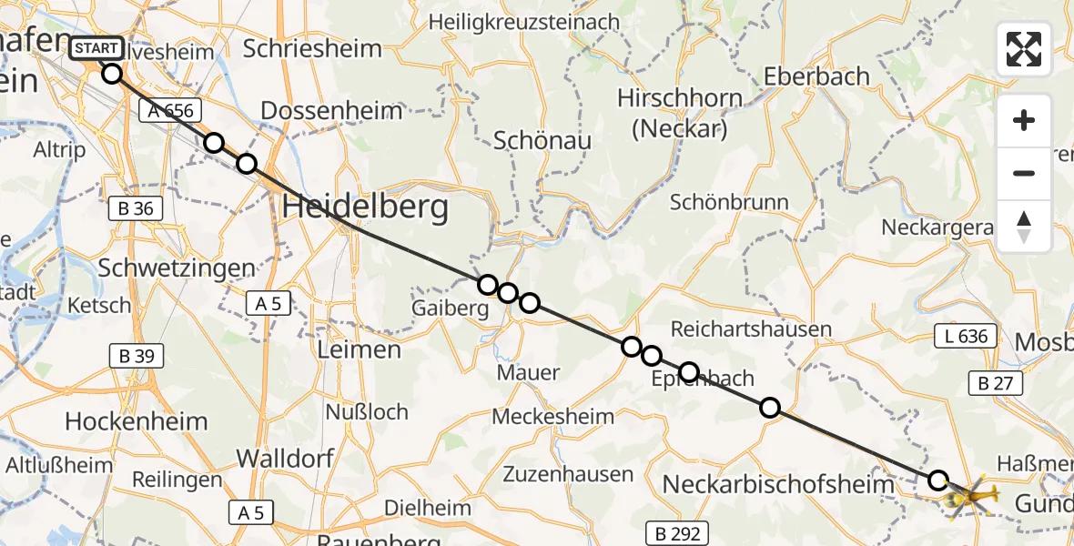 Flugroute Rettungshubschrauber Mannheim-City Flughafen - Hüffenhardt, 31 August 2026, 07:11