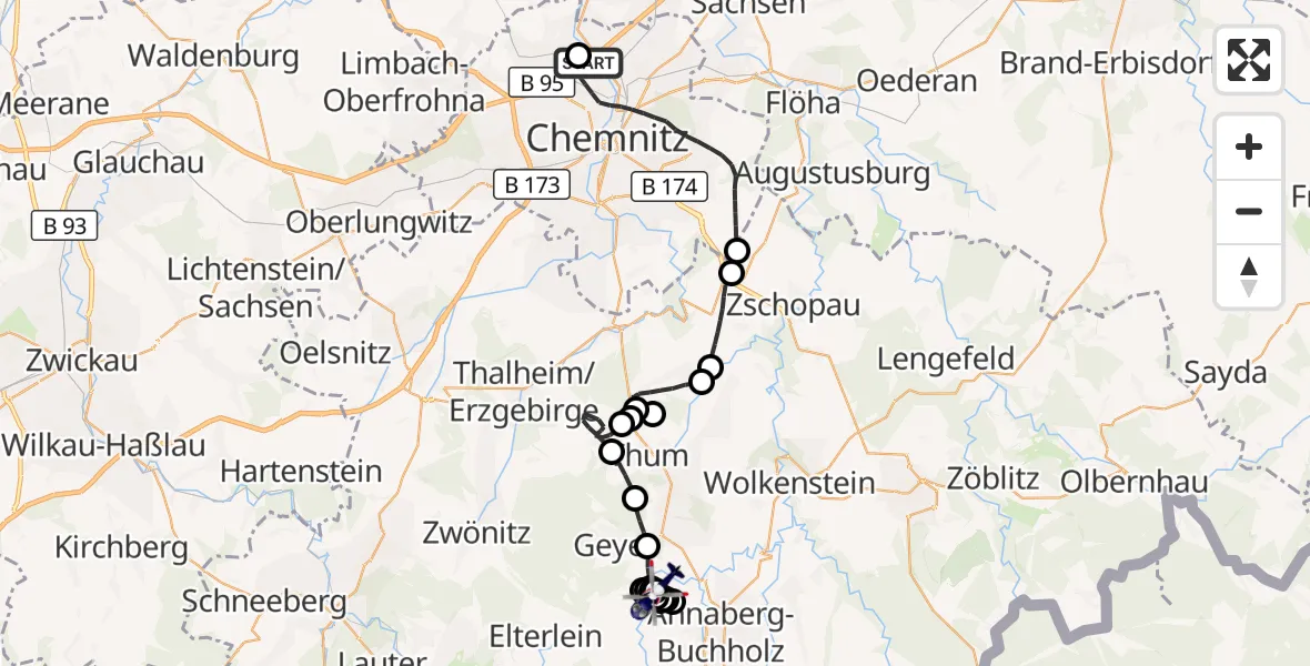 Flugroute Polizeihubschrauber Chemnitz-Glösa Industrial Park Hubschrauberlandeplatz - Tannenberg, 31 August 2026, 07:25
