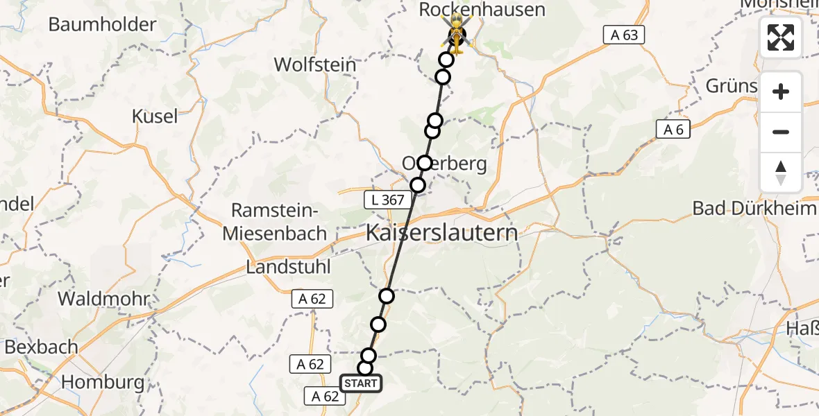 Flugroute Rettungshubschrauber Steinalben - Rockenhausen, 31 August 2026, 07:40