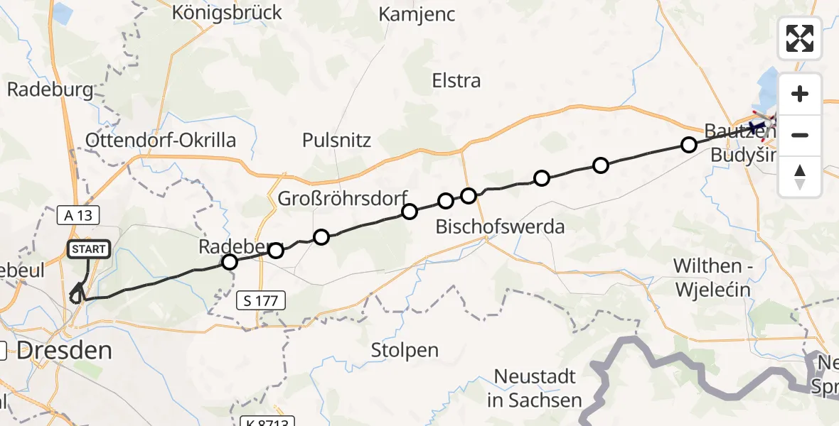 Flugroute Polizeihubschrauber Dresden - Bautzen, 31 August 2026, 07:54