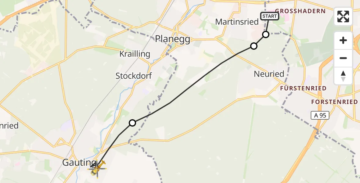 Flugroute Rettungshubschrauber DRF Air Rescue München Hubschrauberlandeplatz - Gauting, 31 August 2026, 08:01