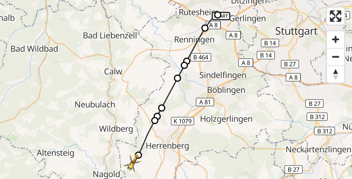 Flugroute Rettungshubschrauber Leonberg Hospital - Jettingen, 31 August 2026, 08:01