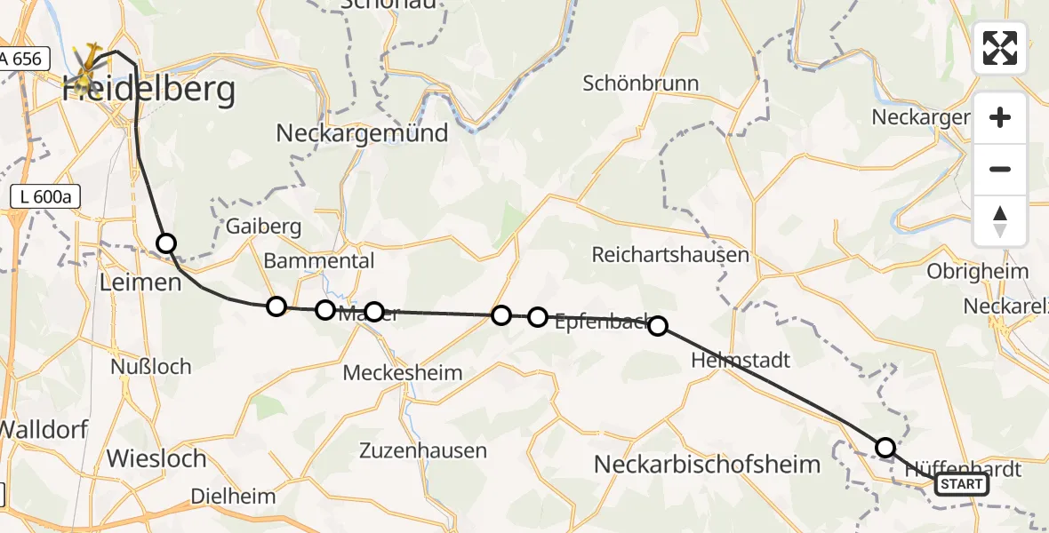Flugroute Rettungshubschrauber Hüffenhardt - Heidelberg, 31 August 2026, 08:04