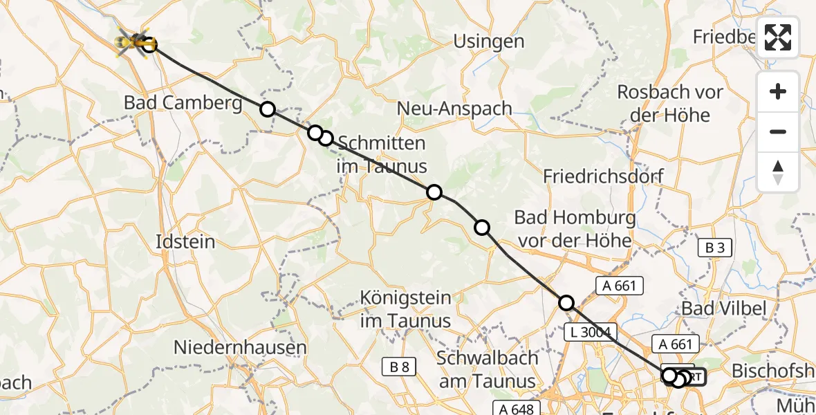Flugroute Rettungshubschrauber Frankfurt am Main Accident Hospital Roof Helipad (CHX2) - Selters (Taunus), 31 August 2026, 08:04