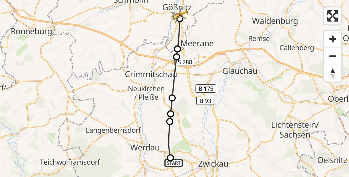 Flugroute Rettungshubschrauber ADAC Air Rescue Station Zwickau Hubschrauberlandeplatz - Gößnitz, 31 August 2026, 08:24