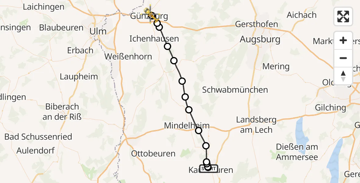 Flugroute Rettungshubschrauber Ostallgäu-Kaufbeuren Hospital - Günzburg Hospital, 31 August 2026, 08:24