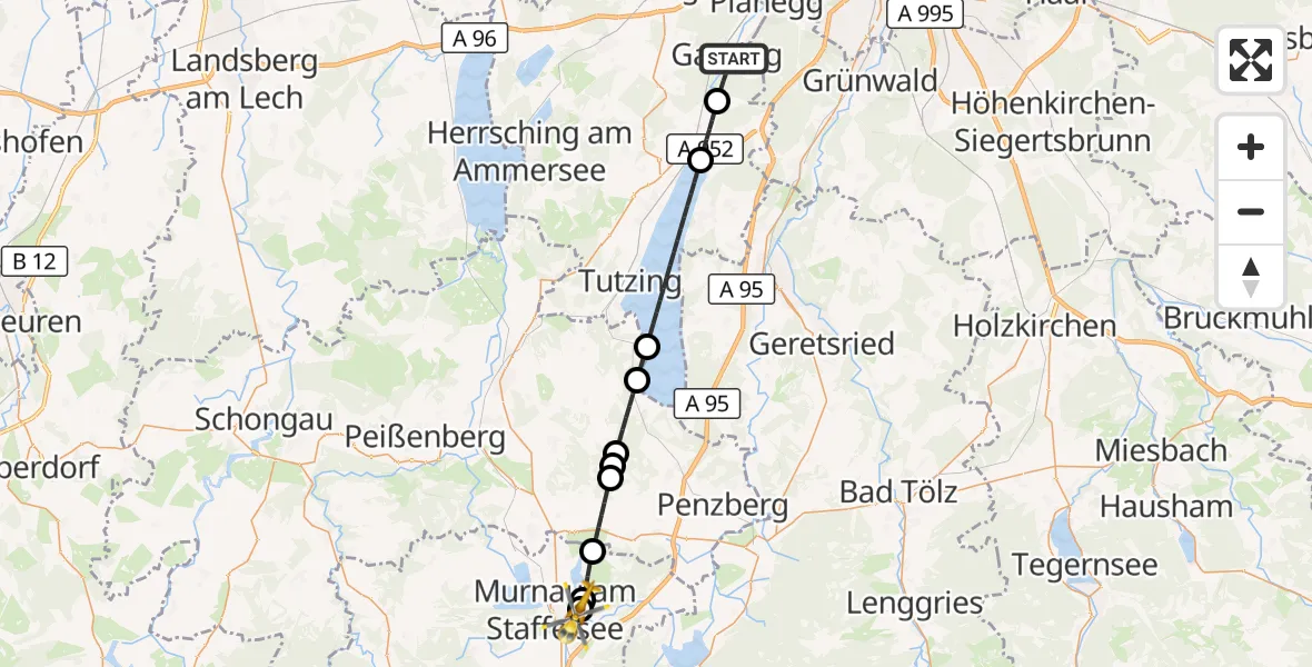 Flugroute Rettungshubschrauber Gauting - Murnau a.Staffelsee, 31 August 2026, 08:30