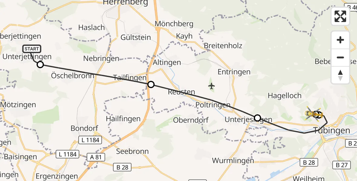 Flugroute Rettungshubschrauber Jettingen - Tübingen University Hospital, 31 August 2026, 08:30