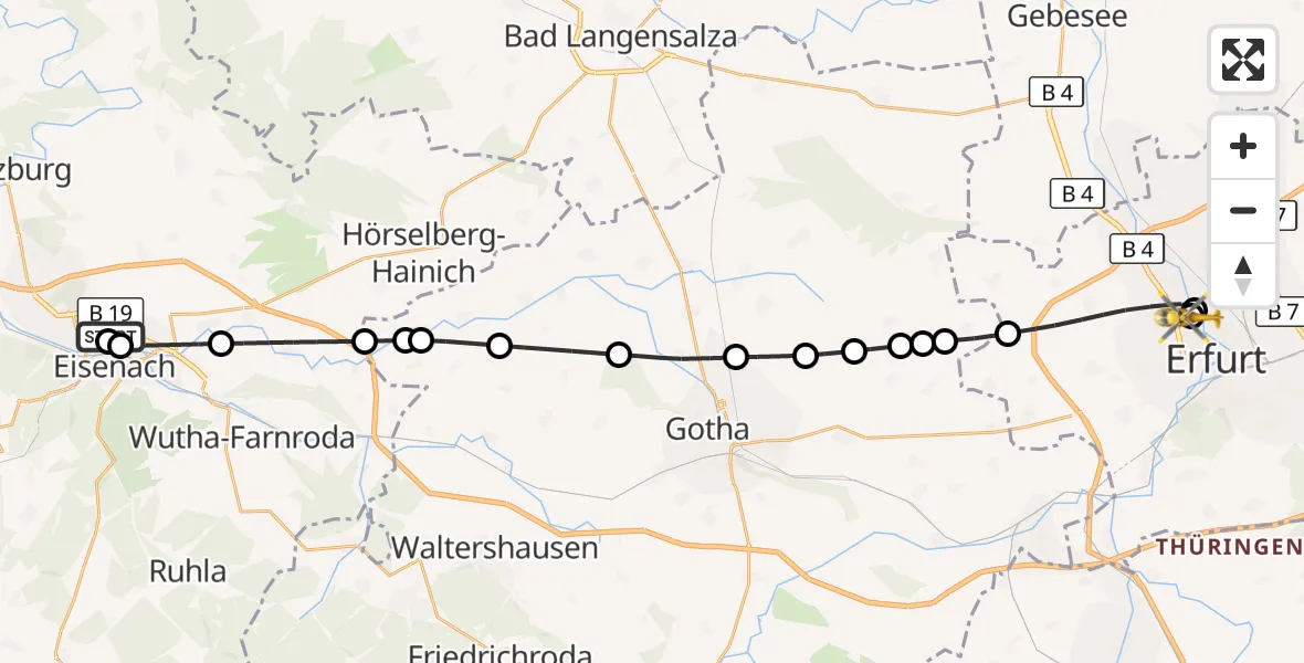 Flugroute Rettungshubschrauber Sankt Georg Hospital Eisenach - Helios Clinic Erfurt, 31 August 2026, 08:38