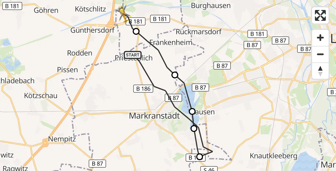 Flugroute Rettungshubschrauber Markranstädt - ADAC Air Rescue Station Leipzig/Schkeuditz-Dölzig Hubschrauberlandeplatz (Christoph 61), 31 August 2026, 08:38