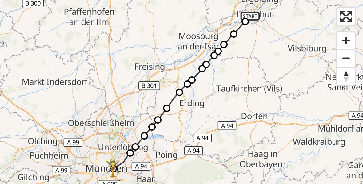 Flugroute Rettungshubschrauber Landshut - Rechts der Isar University Hospital, 31 August 2026, 08:38