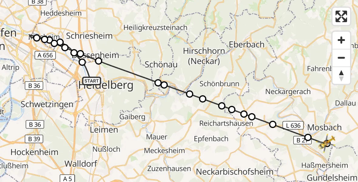 Flugroute Rettungshubschrauber Heidelberg - Neckarzimmern, 31 August 2026, 08:40