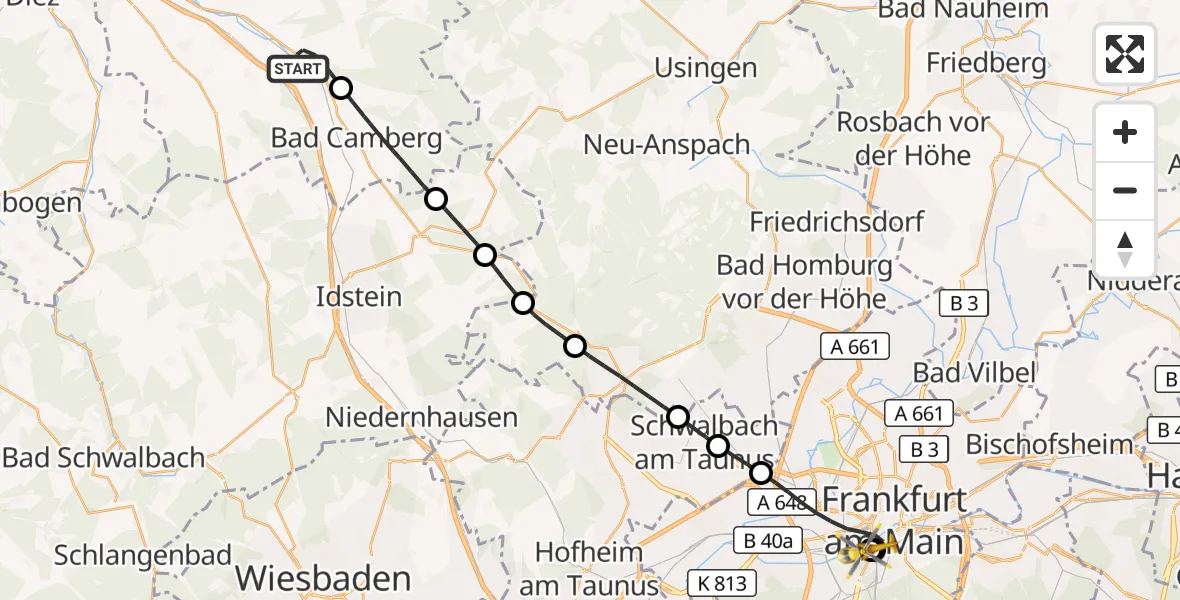 Flugroute Rettungshubschrauber Selters (Taunus) - Frankfurt University Hospital, 31 August 2026, 08:46