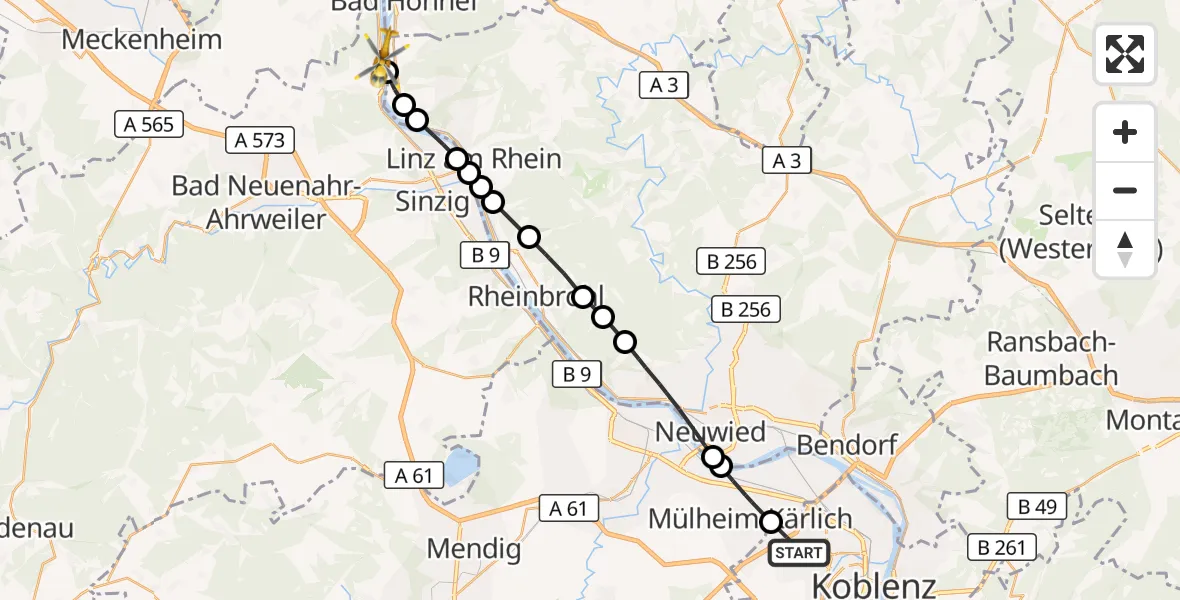 Flugroute Rettungshubschrauber Koblenz - Remagen, 31 August 2026, 08:50
